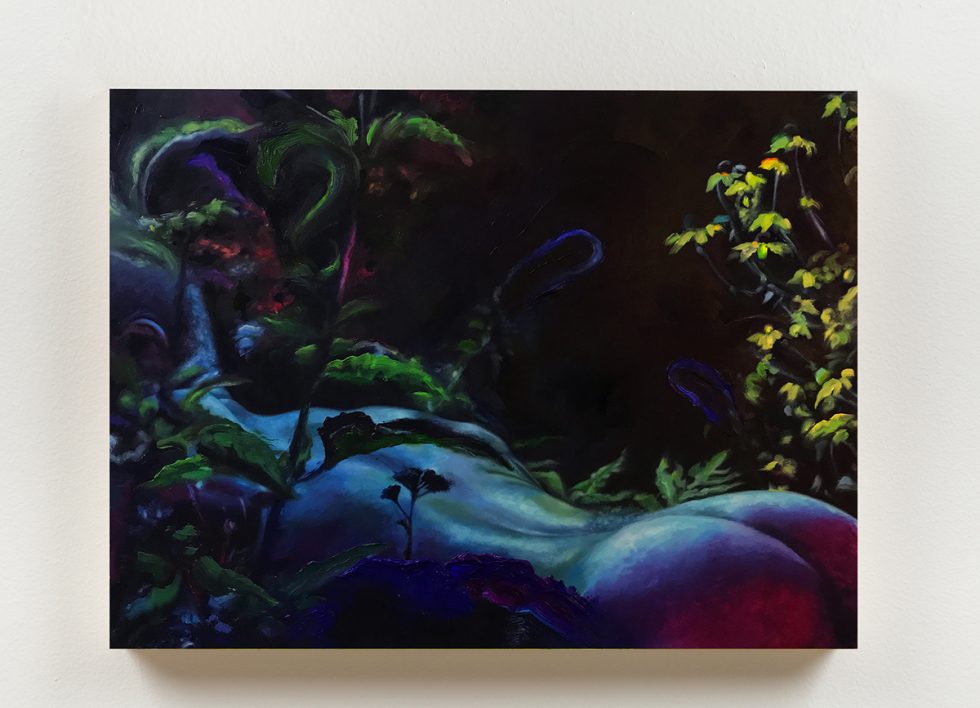 This is a dark painting of a figure face down in a garden at night.