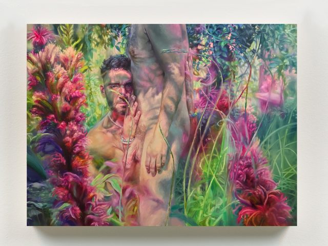 A colorful painting of a male couple in a lush garden.