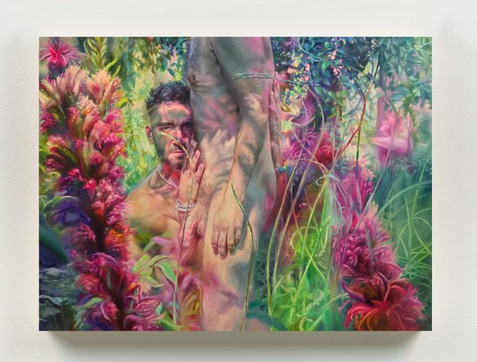 A colorful painting of a male couple in a lush garden.