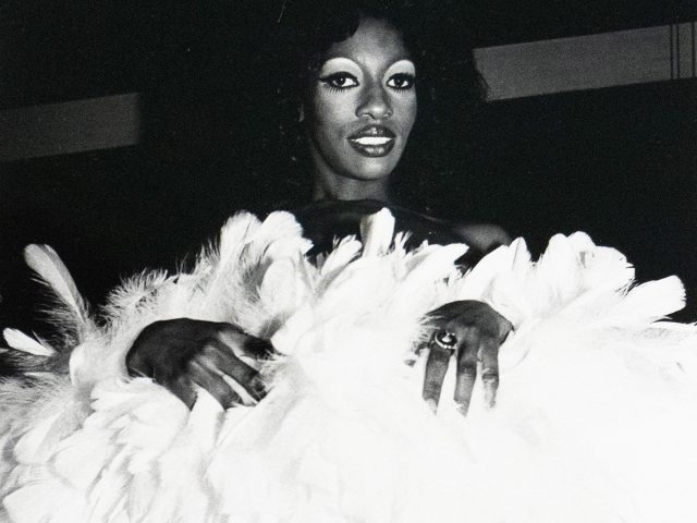 A black and white photograph of a woman with dark hair and striking eye makeup posing in a voluminous white feathered garment with visible stocking garters. She is wearing a large ring and looking directly at the camera.