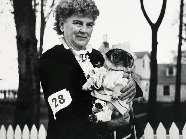 A black and white photograph captures an older woman with curly hair, wearing a dark jacket with a "28" bib, holding a pug dressed in a knitted outfit and hat. They are outdoors, with a white picket fence, trees, and a house in the background.