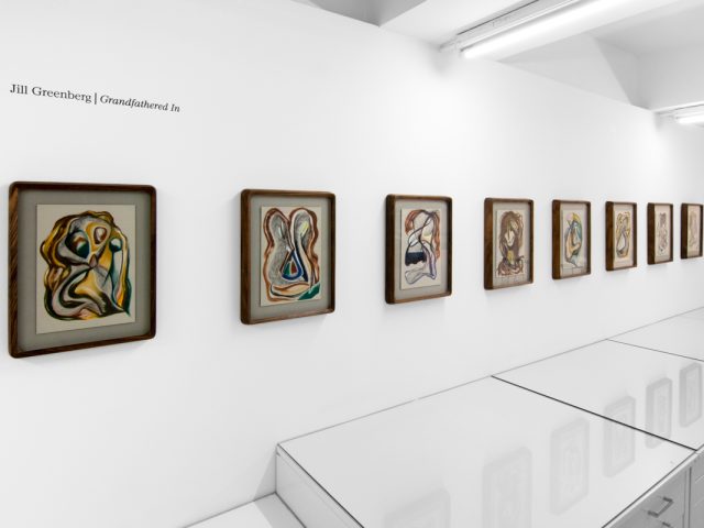 A series of abstract framed drawings hang on a white gallery wall under a black and white artist name and exhibition title.