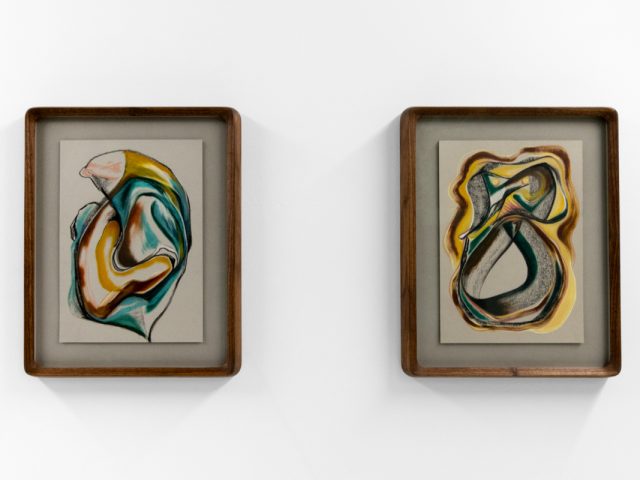 A series of abstract framed drawings hang on a white gallery wall under a black and white artist name and exhibition title.