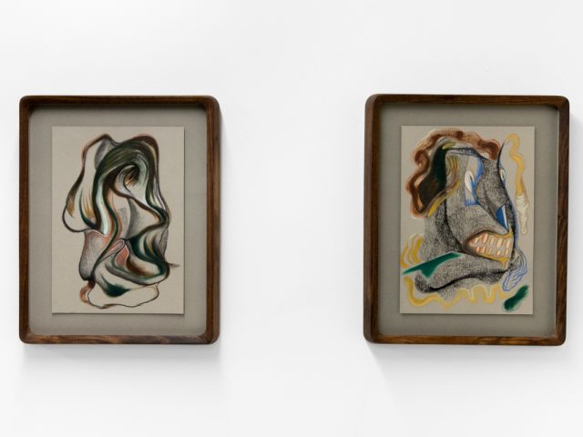 A series of abstract framed drawings hang on a white gallery wall under a black and white artist name and exhibition title.