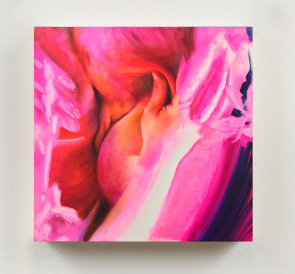 An abstracted painting in hot pink and red of two human figures.