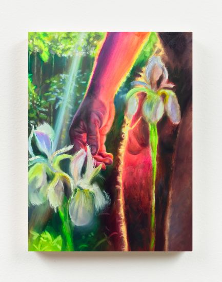 A painting of a nude male figure from the waist down in a garden.