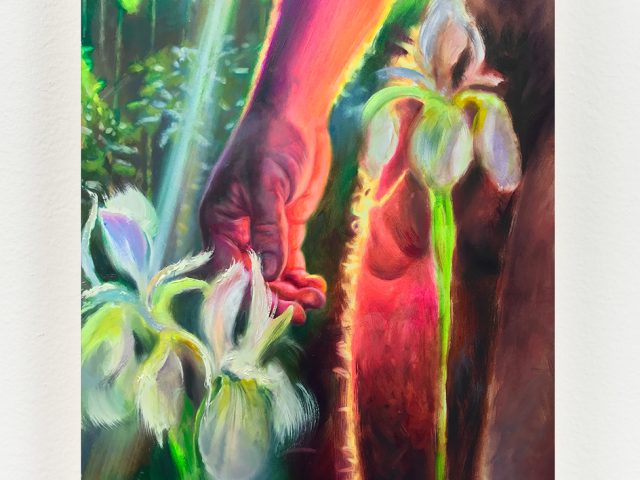 A painting of a nude male figure from the waist down in a garden.