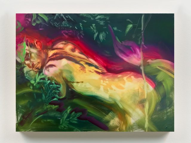 A painting of a nude male figure reclined in a garden looking back over his left shoulder.