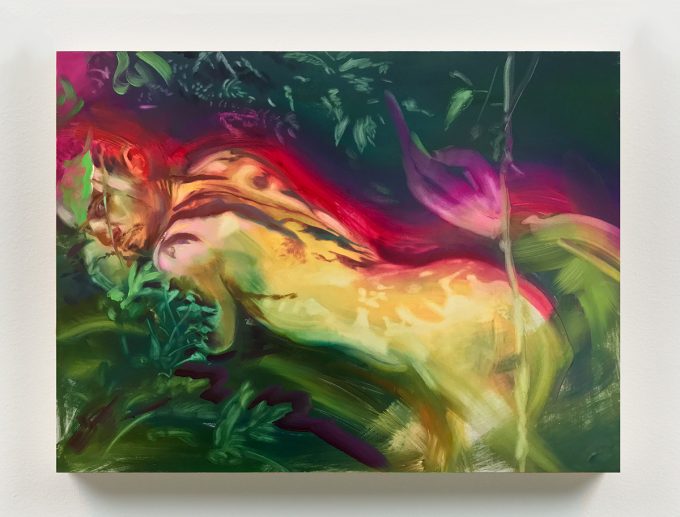 A painting of a nude male figure reclined in a garden looking back over his left shoulder.