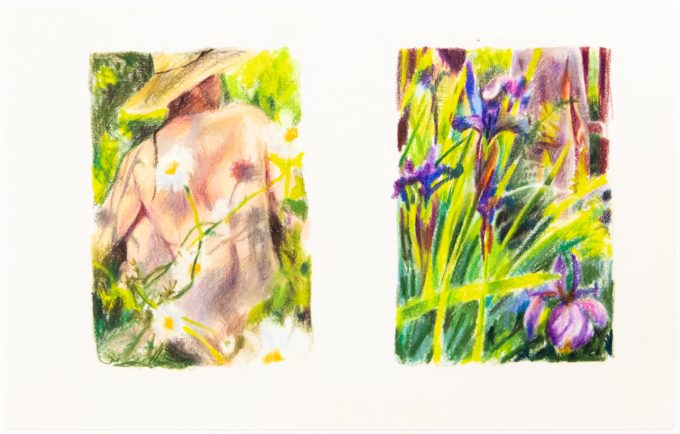 Two colored pencil drawings depicting a figure in a garden and some flowers.