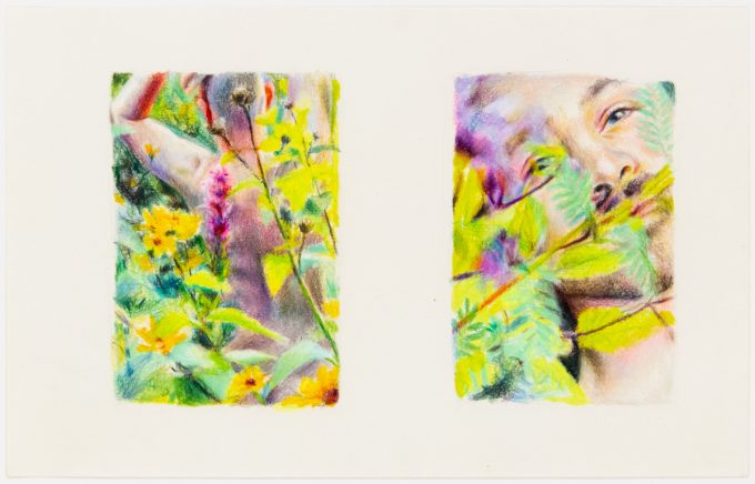 Two colored pencil drawings of a figure from behind in a garden and a close up of a man's face.