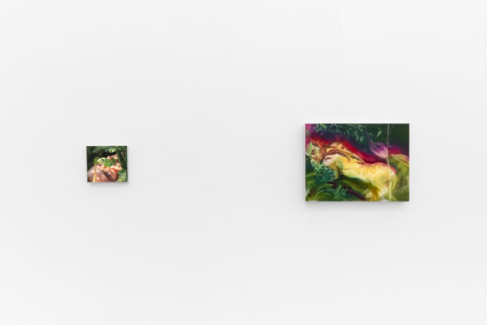Two colorful paintings depict figures and flowers in lush, dreamlike environments with saturated greens, yellows, and reds on a white wall.