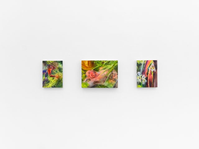 Three colorful paintings depict figures and flowers in lush, dreamlike environments with saturated greens, yellows, and reds on a white wall.