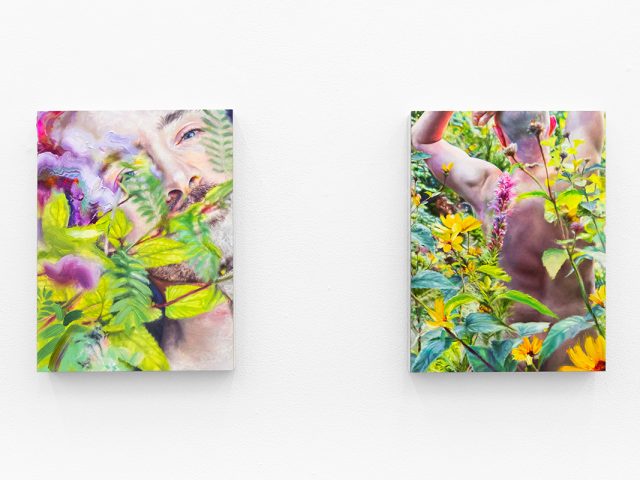 Two colorful figurative paintings against a white wall.