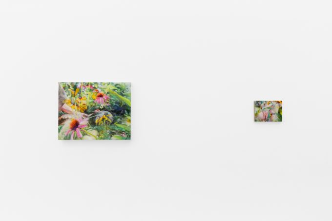 Colorful artworks on a bright white gallery wall in neutral lighting.