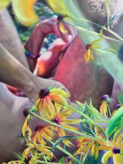 A painting of two indistinct figures behind flowers in the foreground.