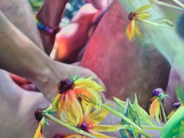 A painting of two indistinct figures behind flowers in the foreground.