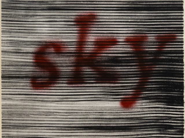 Red spray-painted word "sky" appears over dense black horizontal lines on a textured white background.