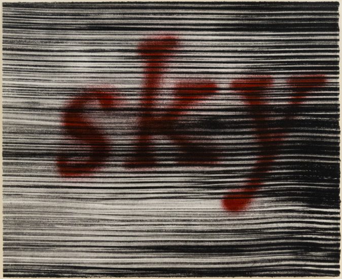 Red spray-painted word "sky" appears over dense black horizontal lines on a textured white background.