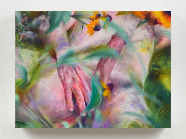 A painting of a male figure from his chest down to his thighs laying back in a garden.
