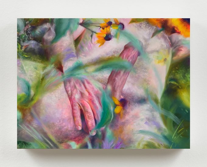 A painting of a male figure from his chest down to his thighs laying back in a garden.