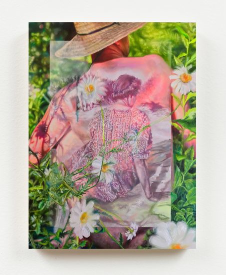 A painting of a man's back with an image of a woman's back on top of it.