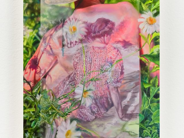 A painting of a man's back with an image of a woman's back on top of it.