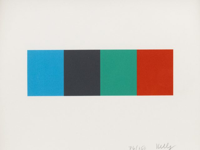 A horizontal row of four equal vertical rectangles in blue, black, green, and red on a white background.