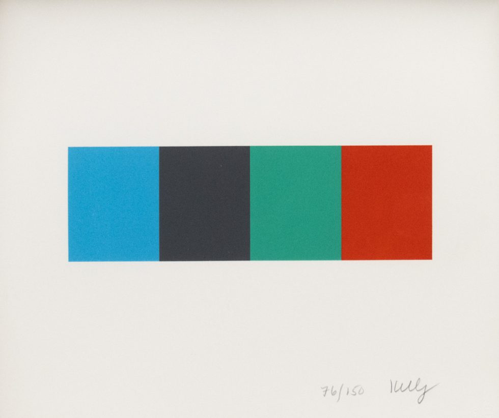 A horizontal row of four equal vertical rectangles in blue, black, green, and red on a white background.