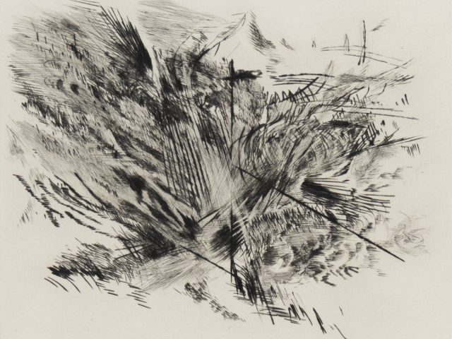 A high-contrast abstract etching, featuring a central burst of dense, energetic black lines radiating outwards on a light background.