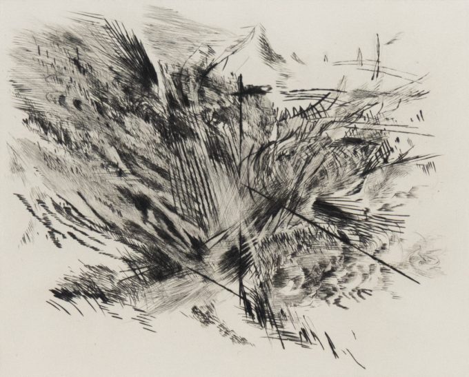 A high-contrast abstract etching, featuring a central burst of dense, energetic black lines radiating outwards on a light background.