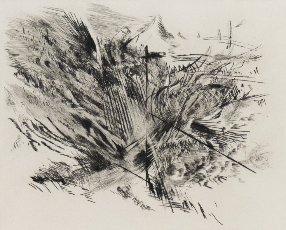 A high-contrast abstract etching, featuring a central burst of dense, energetic black lines radiating outwards on a light background.