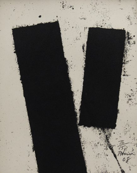A black and white etching of two black rectangles on a grey background.