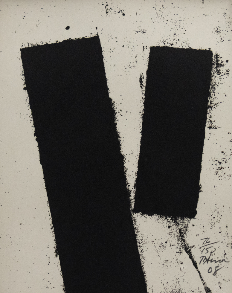 A black and white etching of two black rectangles on a grey background.