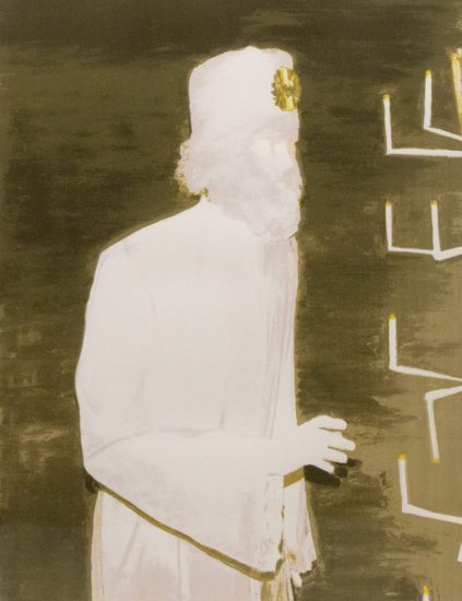 An olive green and white painting of a worshipper next to abstract white text.