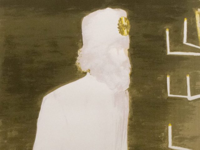 An olive green and white painting of a worshipper next to abstract white text.