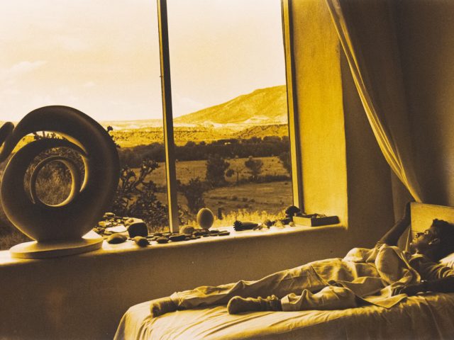 Man lies in bed beside a large window overlooking a desert landscape, with stones and a spiral sculpture on the windowsill.