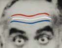 A black and white image of a man's eyebrows raised with a red white and blue lines.