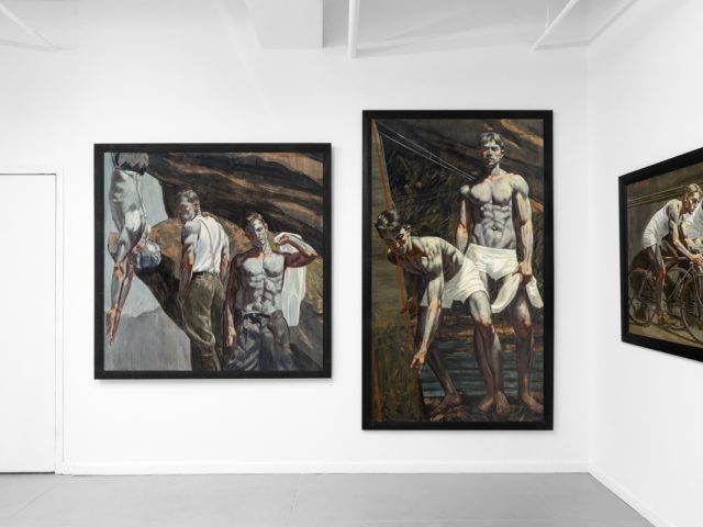 An exhibition of figurative paintings depicting male subjects in various athletic and everyday scenes.