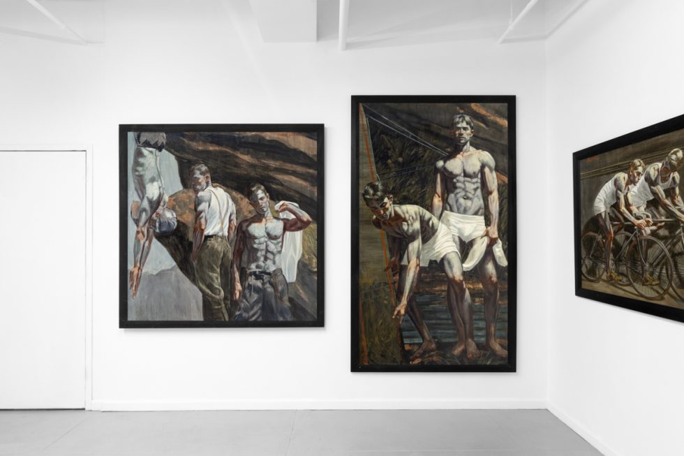 An exhibition of figurative paintings depicting male subjects in various athletic and everyday scenes.