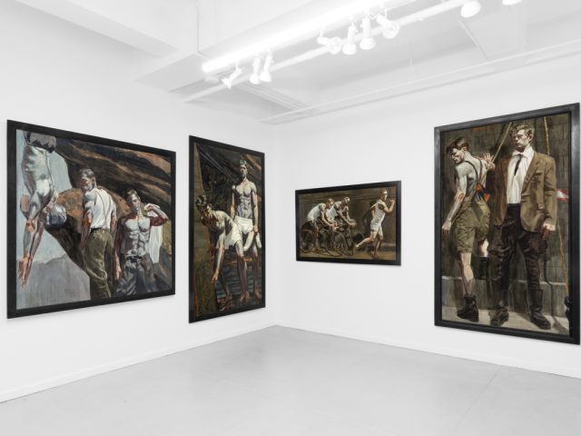 An exhibition of figurative paintings depicting male subjects in various athletic and everyday scenes.