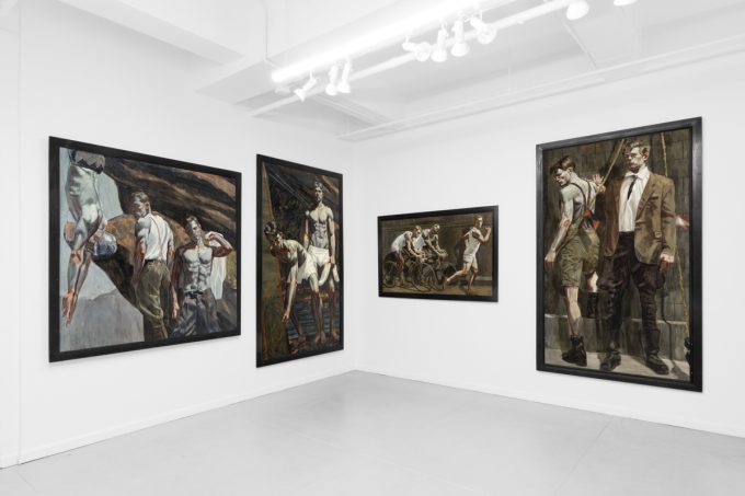 An exhibition of figurative paintings depicting male subjects in various athletic and everyday scenes.