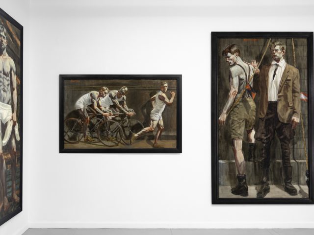 An exhibition of figurative paintings depicting male subjects in various athletic and everyday scenes.