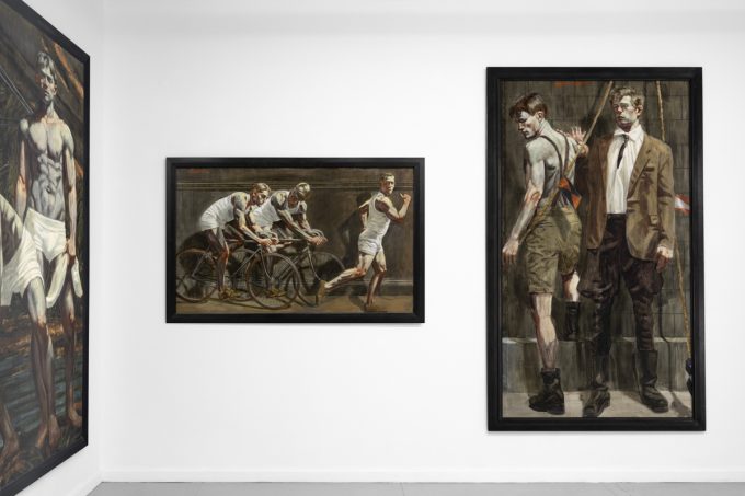 An exhibition of figurative paintings depicting male subjects in various athletic and everyday scenes.