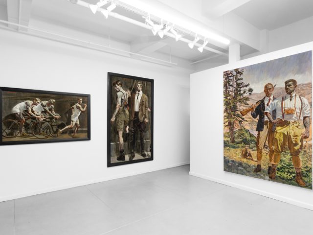 An exhibition of figurative paintings depicting male subjects in various athletic and everyday scenes.