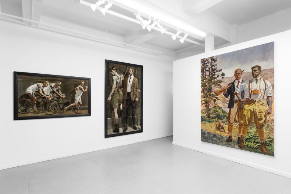 An exhibition of figurative paintings depicting male subjects in various athletic and everyday scenes.