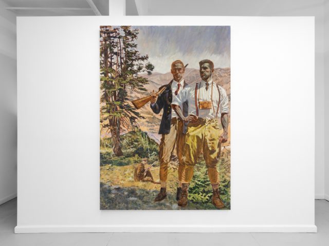 An exhibition of figurative paintings depicting male subjects in various athletic and everyday scenes.