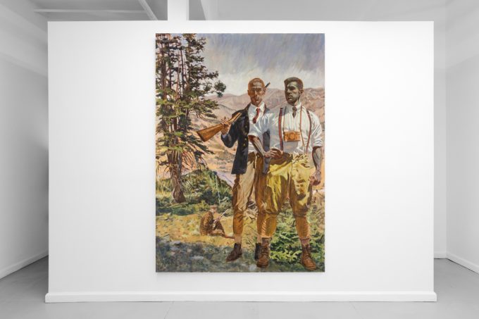 An exhibition of figurative paintings depicting male subjects in various athletic and everyday scenes.