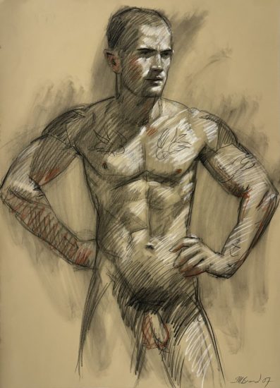 A drawing of a nude man with his hands on his hips