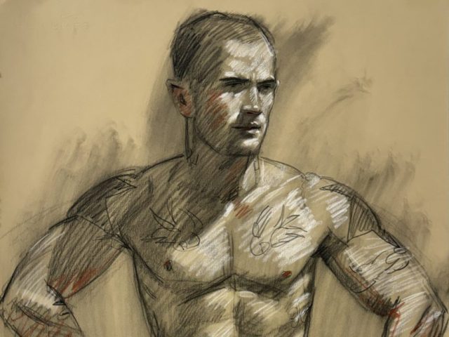 A drawing of a nude man with his hands on his hips